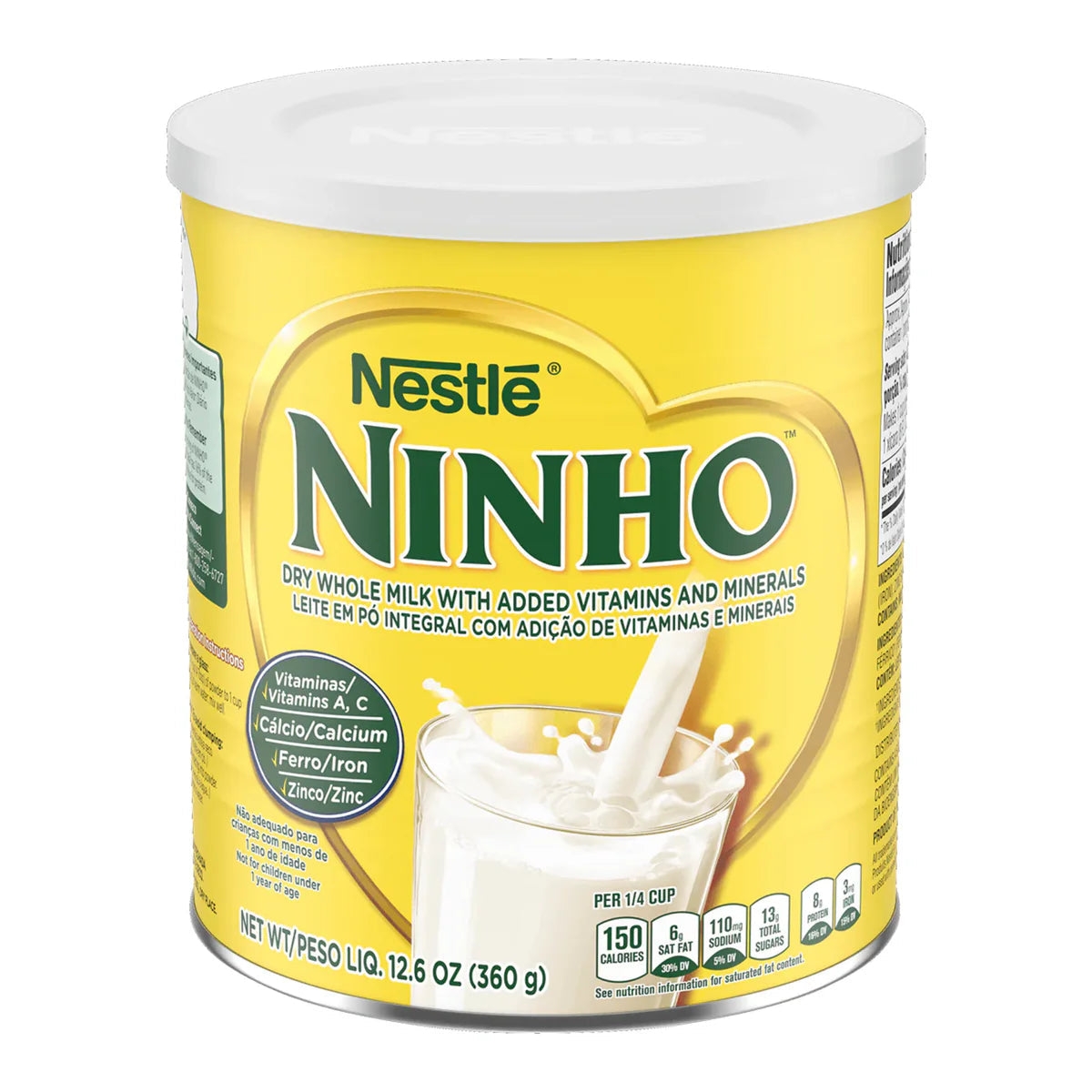 Nestlé Ninho dry whole milk 360 g can on a white background