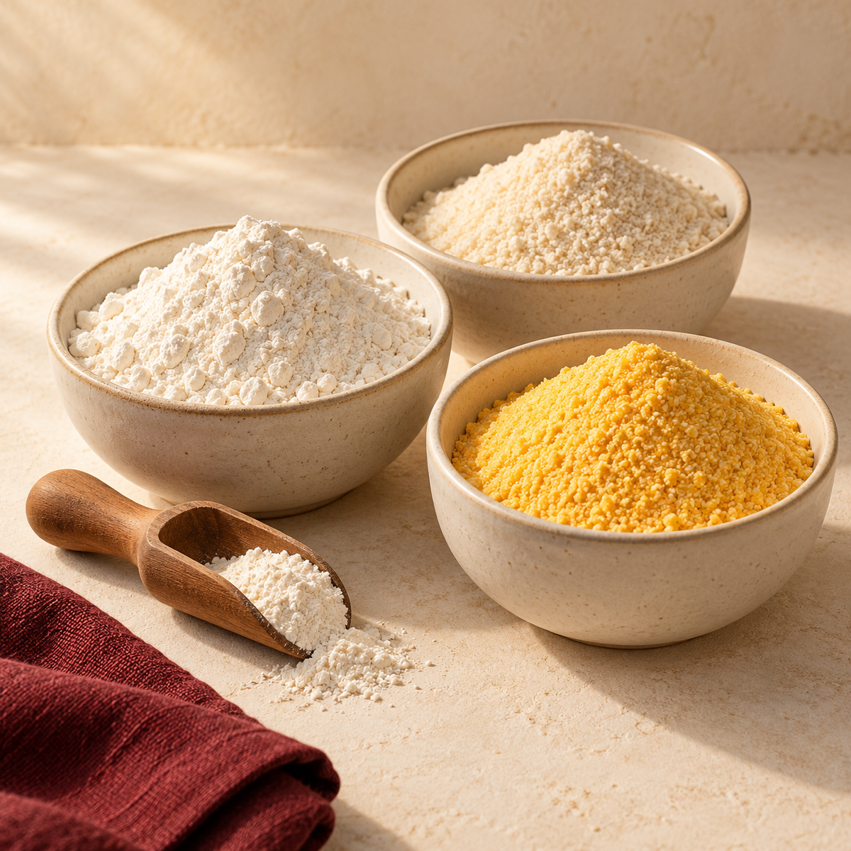 Wheat flour, cassava flour and cornmeal