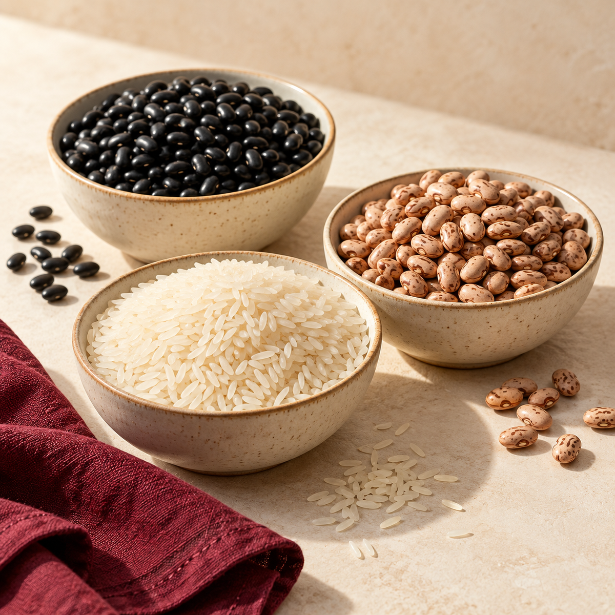 Rice, black beans and carioca beans