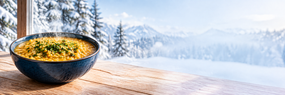Steaming golden Brazilian canjiquinha with fresh herbs beside a snowy winter landscape